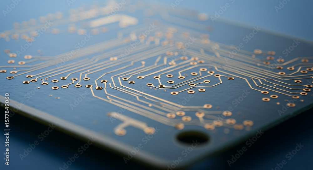 Aufkleber a close up view of a blue circuit board with golden lines and circular solder points visible clearly
