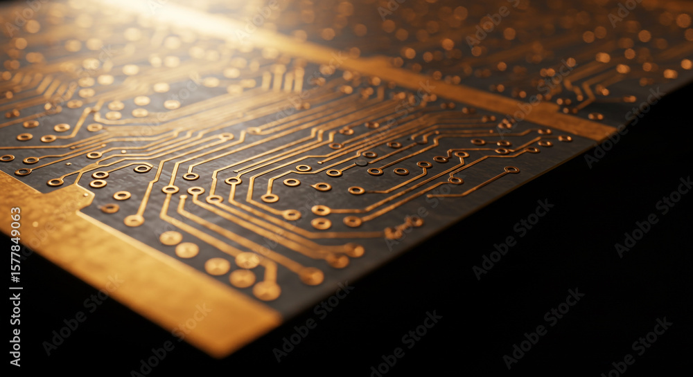 Poster close up view of a golden circuit board with intricate patterns on a dark background surface area