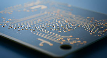 A close up view of a blue circuit board with golden lines and circular solder points visible clearly
