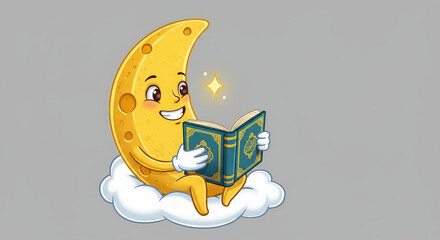 Cartoon moon reading a book on cloud