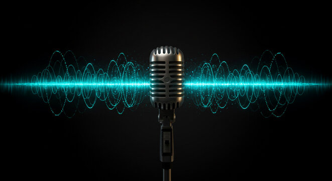 A vintage microphone with blue sound waves emanating from it against a dark black background in a studio