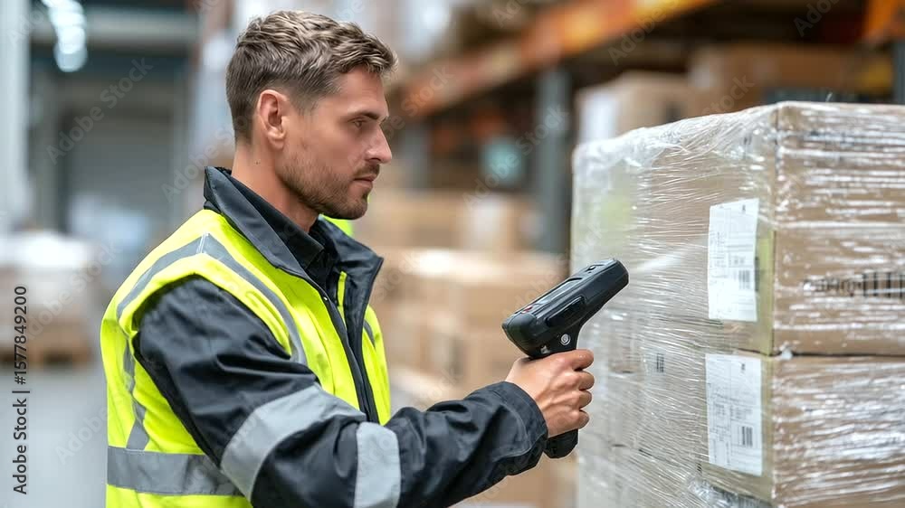 Poster warehouse worker scanning a shrink-wrapped pallet using a handheld barcode scanner, focusing on the 