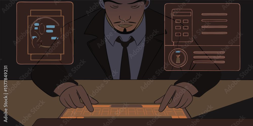 Poster man typing on glowing keyboard with holographic displays