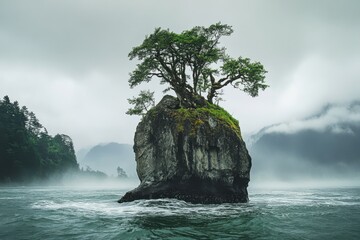 Rocky island with tree surrounded by misty water and mountains during overcast weather, Rocky island