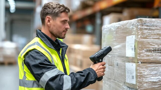 Warehouse worker scanning a shrink-wrapped pallet using a handheld barcode scanner, focusing on the texture of plastic wrapping and taped boxes