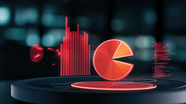 Cost Reduction Management Concept, Modern Digital Graph Visualization with Red Pie Chart and Data Elements Against Blurred Background