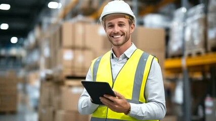 Warehouse manager reviewing inventory on a digital tablet next to towering stacks of boxed goods and pallets - Powered by Adobe