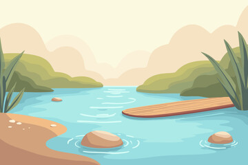 Obraz premium Tranquil river landscape with rocks and grass, peaceful mood, designed for relaxation, on a light background with copy space