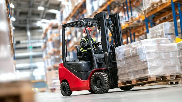 Loader operator driving a forklift carefully through a busy warehouse filled with shelves reaching the ceiling
