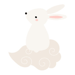 Kawaii rabbit, bunny, hare on a cloud isolated on transparent. Flat vector illustration. Cute cartoon character. Mid Autumn Festival, Tsukimi, Chuseok festive design element, holiday clip art