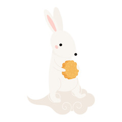 Obraz premium Kawaii rabbit with mooncake on a cloud isolated on transparent. Flat vector illustration. Cute cartoon character. Mid Autumn Festival, Tsukimi, Chuseok festive design element, holiday clip art
