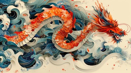 White Chinese Dragon Carving with Layered Clouds and Red Sunset