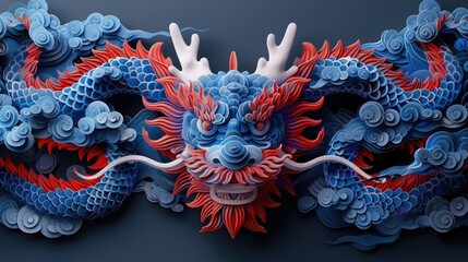 White Chinese Dragon Carving with Layered Clouds and Red Sunset