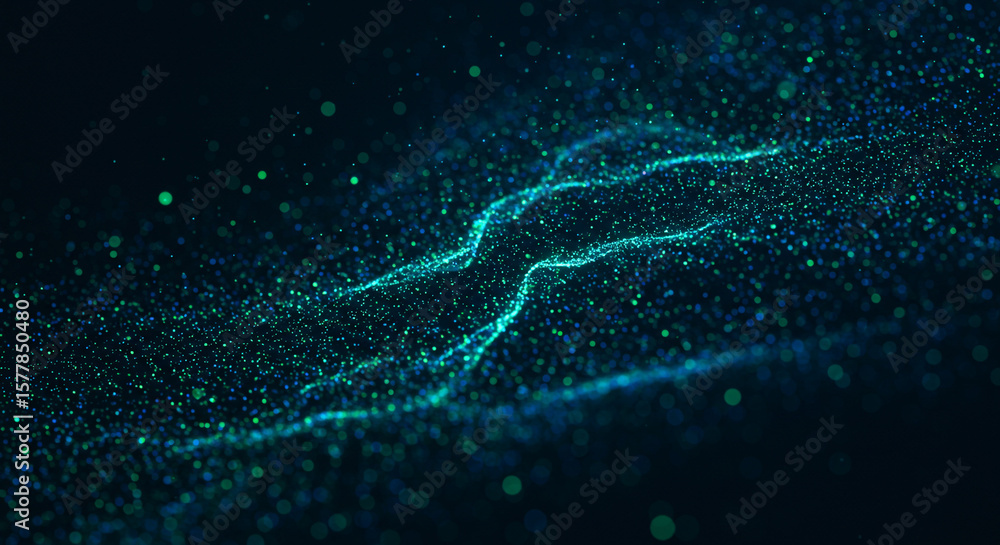 Poster abstract teal and blue particles floating in dark space with wavy lines and bokeh lights effect