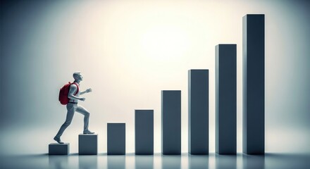 A man with a red backpack climbing a bar graph representing growth and success in a minimalist style