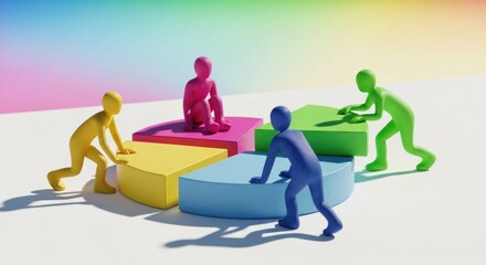 Colorful figures arranging pie chart segments on a white surface under a rainbow gradient background