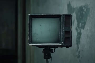 Vintage television monitor on tripod in abandoned building showcasing retro design and faded screen, llustrated frame of the video camera screen in resolution