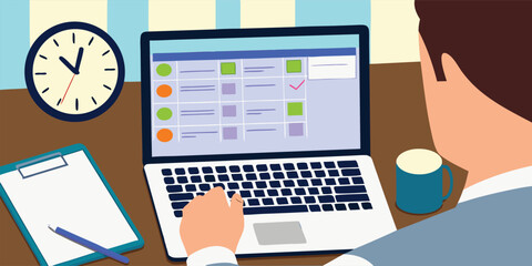 Person working on laptop with clock and clipboard coffee mug