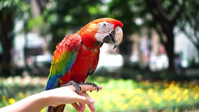 Colorful parrot perched on a hand