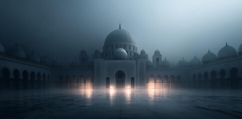 Obraz premium Mystical Mosque Architecture, Domes, Arches, and Foggy Ambiance