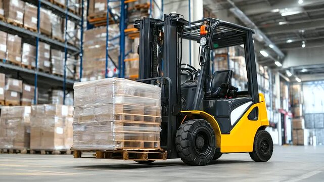 Loader forklift stacking pallets high with bulk paper goods in a supermarket&rsquo;s warehouse storage area