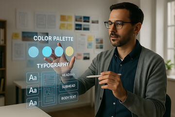A man interacts with a futuristic holographic user interface displaying a color palette and typography options for creative design.