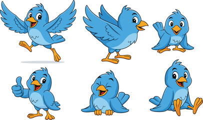 Adorable blue bird mascot collection, diverse actions, running, flapping wings, resting, expressing joy, friendly, whimsical, for children's designs, animated feel.