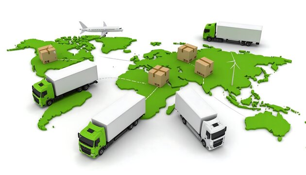 Global shipping network with trucks, plane, and packages