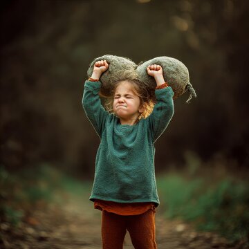 little girl pretending to carry something heavy with arms dramatic expression playful moment