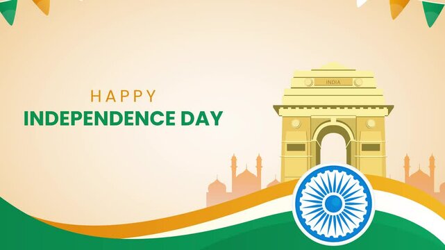 Independence Day motion graphics wish card design with vibrant background along with India Gate and Indian flag