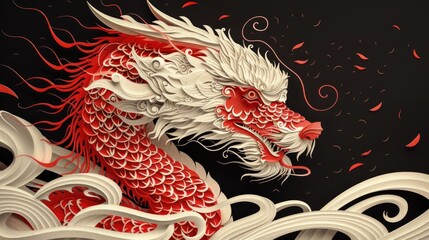 White Chinese Dragon Carving with Layered Clouds and Red Sunset