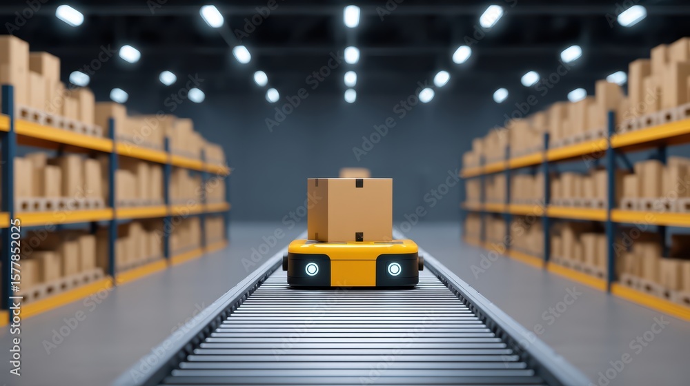 Poster automated delivery system in a modern warehouse with robotic pallet transporting boxed goods on conv