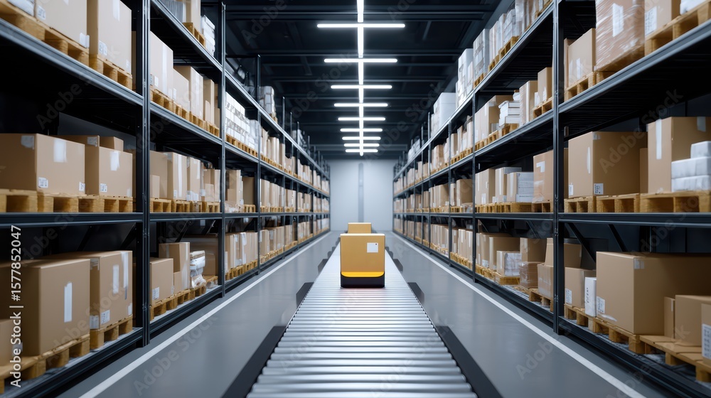 Poster a modern distribution center with automated conveyor belt system and organized cardboard boxes on sh