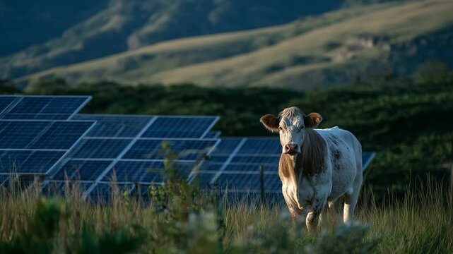 Wide-angle view of a cow grazing near a bank of solar panels installed across a gently rolling pasture, representing eco-friendly farming practices and renewable technology integra
