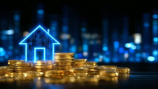 High contrast image of a neon blue glowing house icon atop piles of golden coins, surrounded by digital code streams, emphasizing tech-driven real estate investment and financial e