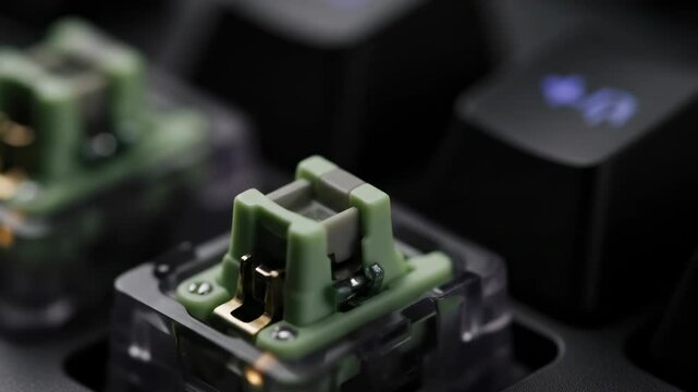 Ultra-close macro of a mechanical keyboard switch actuating. The moving parts, spring tension, and plastic guides engage in slow motion as the keypress triggers a subtle light pulse.



