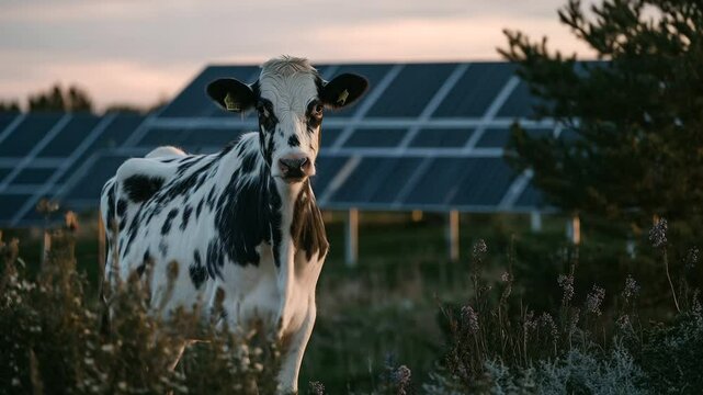Wide-angle view of a cow grazing near a bank of solar panels installed across a gently rolling pasture, representing eco-friendly farming practices and renewable technology integra