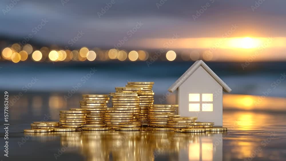 Poster elegant scene with a softly glowing house symbol centered on layered golden coins, illuminated by wa