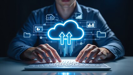 Man typing on a keyboard with a glowing blue cloud computing interface and data flow icons symbolizing digital transformation and network connectivity