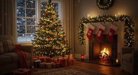 Cozy christmas living room with fireplace and decorated tree