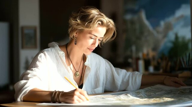 A cartographer sketching a coastline with natural light at her desk