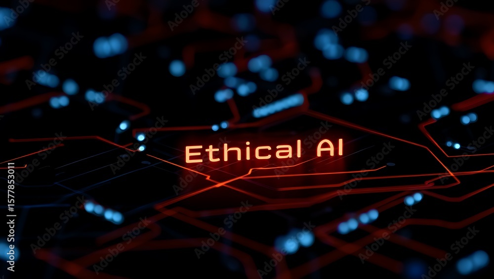 Aufkleber ethical ai glows on abstract circuit board, ethical ai illuminated on dark abstract background with 