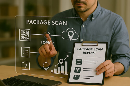 Manager is using a transparent display showing package scan information and holding a package scan report in the office. - Powered by Adobe