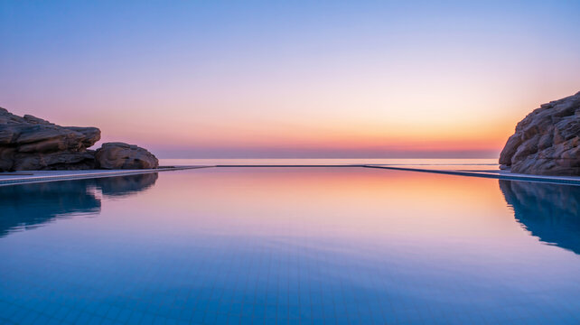 Infinity pool reflecting a serene sunset over the ocean with rocky shores