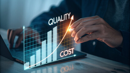 Businessman's hand touches a virtual screen, pushing a digital button for global business and future technology success