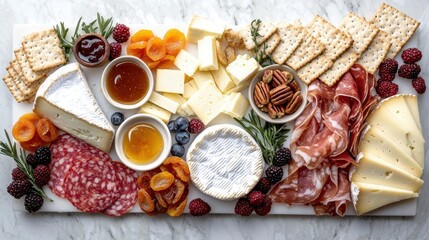 Premium grazing table arrangement showcasing artisan cheese selection, charcuterie, fresh berries, nuts, honey and crackers on marble