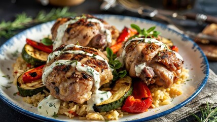 Grilled chicken thigh Mediterranean style with herb yogurt sauce on saffron rice bed with charred zucchini and red peppers, rustic presentation