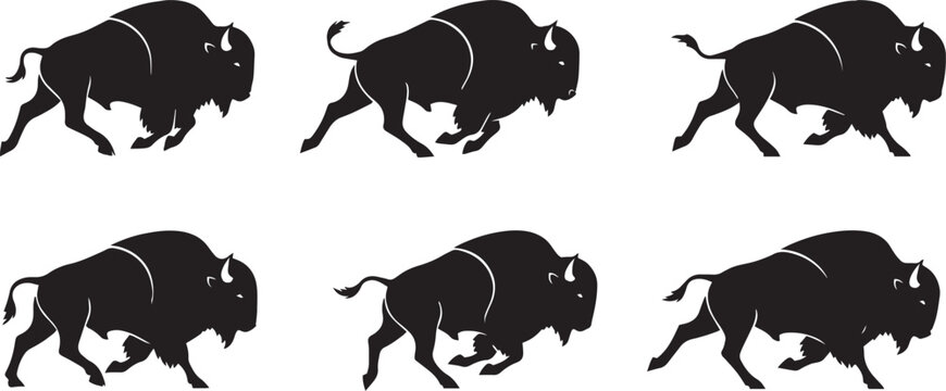 running bison silhouette vector, black and white bison in motion, minimalistic bison running illustration, wild bison sprint vector, bison side view silhouette, tribal bison in motion design,