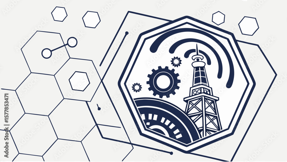 Aufkleber telecommunications tower with gears and hexagons for network engineering and wireless communication 