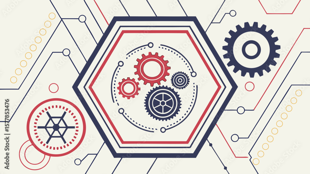 Aufkleber engineering technology concept with gears hexagon and circuit lines for mechanical industrial design